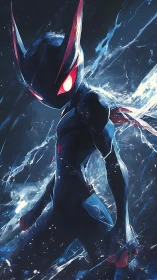 Bioluminescent alien warrior rendered with dynamic splash lighting