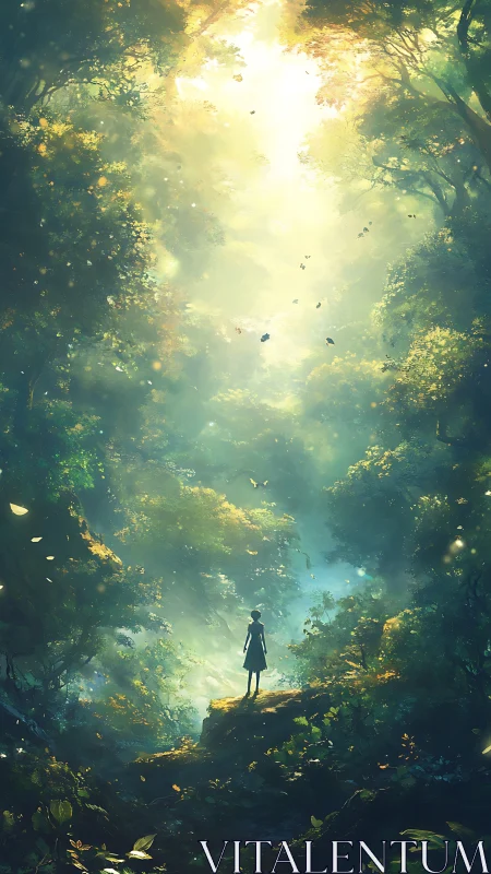 Soft forest light welcomes a quiet wanderer into its heart
