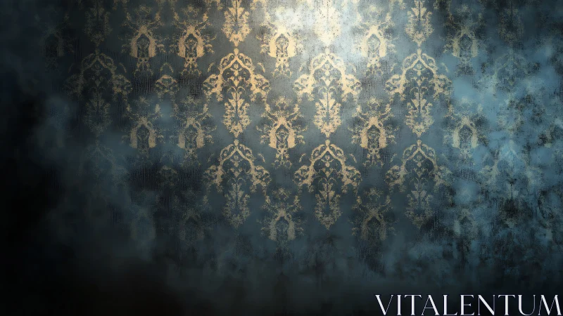 Distressed baroque damask wallpaper in atmospheric lighting.