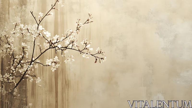 Soft blossoms reaching across a calm, misty canvas wall.