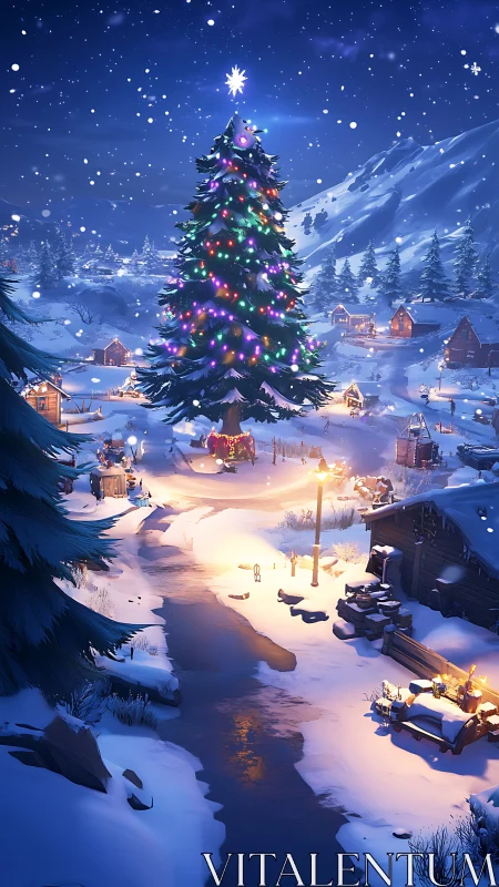 Snow-covered village square with illuminated holiday tree.