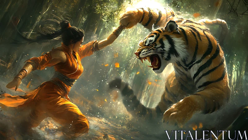 Martial artist blocks lunging tiger inside burning jungle