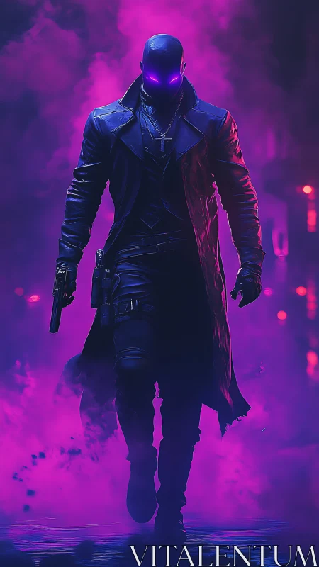 Neon-shadowed vigilante striding through violet city haze.