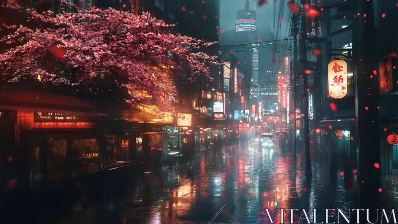 Neon rainstorms serenade cherry blossoms over wet city streets