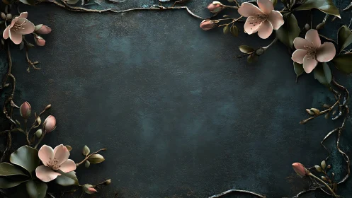 Dark teal floral frame showcases soft blush blossoms elegantly.