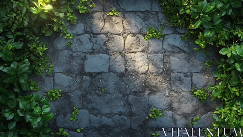 Sunlit stone pathway framed by lush creeping foliage.