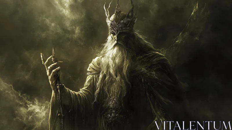 Ancient shadow king rises within swirling golden fog.