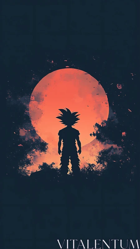 Silhouetted warrior beneath blazing red lunar eclipse.