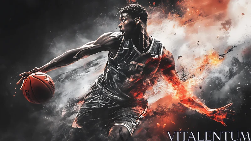 Basketball player in dynamic sideways dribble motion.