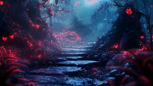 Enchanted stone pathway through glowing crimson forest night.