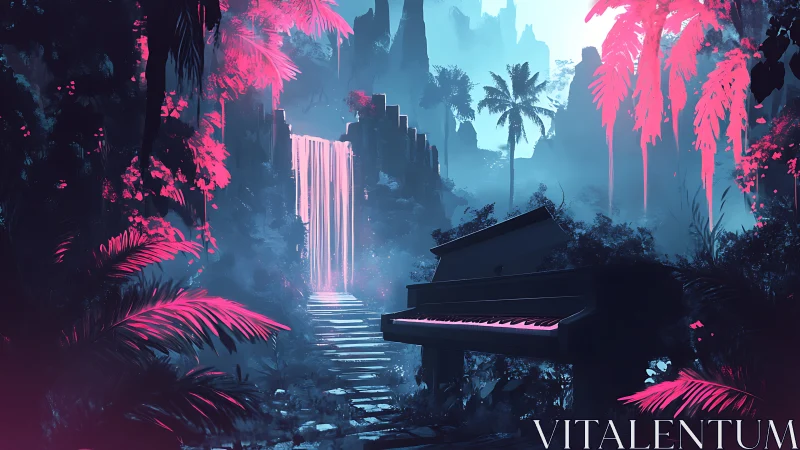Neon jungle piano beside waterfall under cyan mist