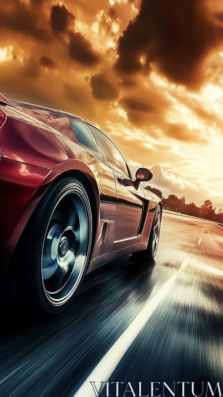 Crimson sports car racing into a dramatic golden sunset.