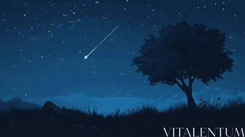 Nocturnal landscape with shooting star and silhouetted tree.