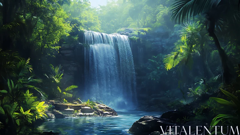 Lush jungle waterfall pouring into clear blue pool.
