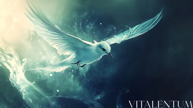 White bird in mid-flight crosses glowing teal light field