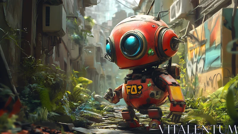 Small red inspection robot in overgrown urban alleyway.