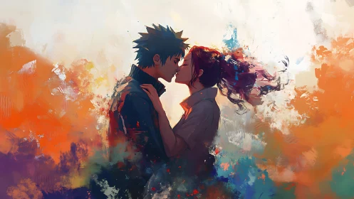 Two figures stand face to face within diffuse abstract color