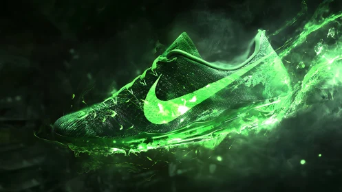 Neon green running shoe cuts through liquid energy burst.