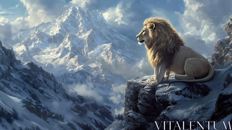 Majestic lion resting above sunlit winter mountain peaks.