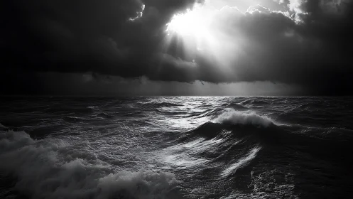 High-contrast storm sea under radial crepuscular daylight beams.