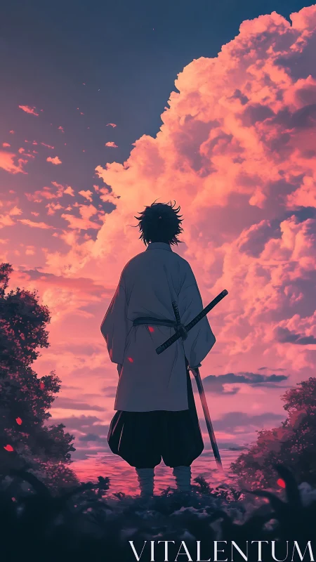 Lone samurai contemplates a blazing pink and violet sunset sky