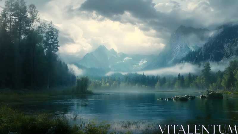 Misty alpine lake rests beneath dramatic stormlit mountains