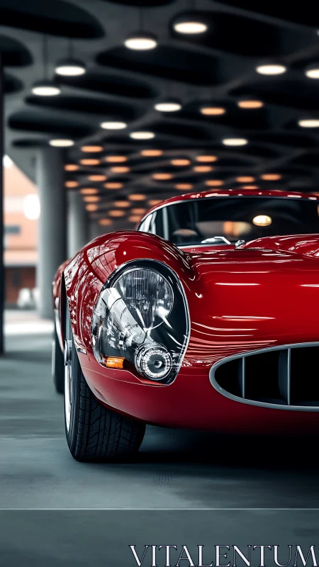 Gleaming red classic car stands proudly in a modern garage