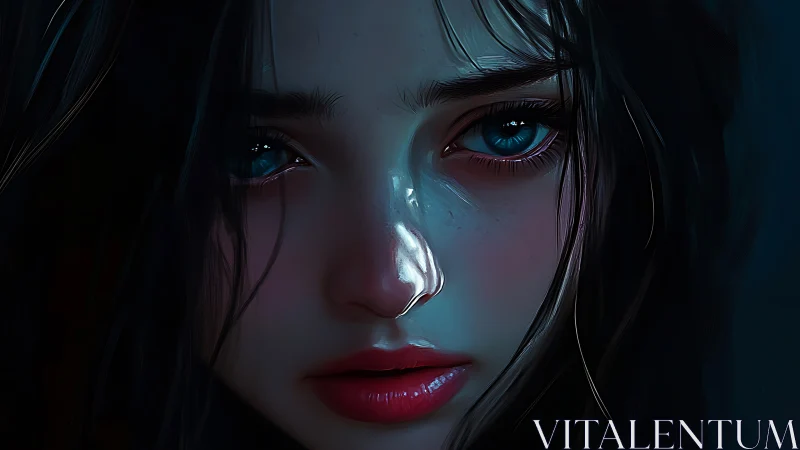 Digital portrait presents close-up female face in cool light