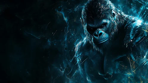 Electric blue gorilla guardian in swirling cosmic storm.