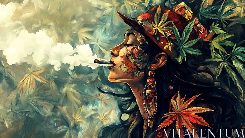 Side-profile woman exhaling smoke amid stylized cannabis foliage patterns