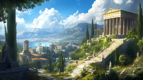 Sunlit acropolis terrace above a dreaming classical bay.