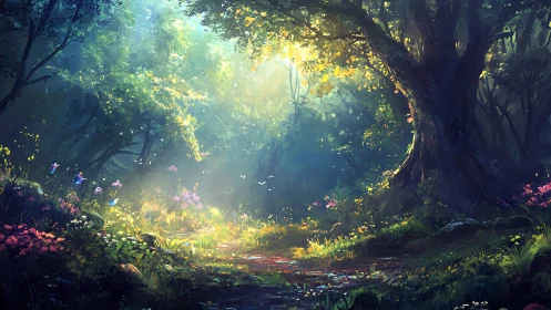 Illuminated Forest Pathway with Flowering Vegetation and Light Rays