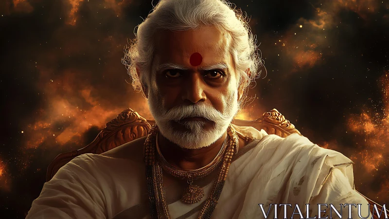 Cinematic portrait of elder guru in cosmic chiaroscuro style.