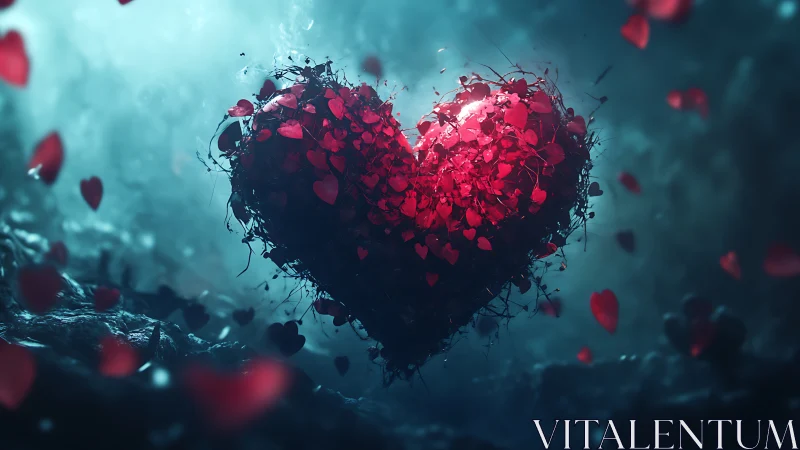 Luminescent Heart Structure with Particle Dispersion in Teal Environment