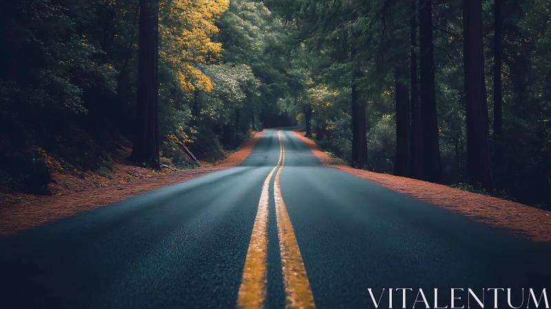 A Serene Road Through Towering Pines Beckons Adventure Forward