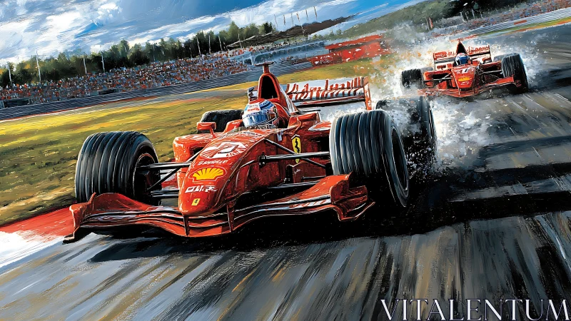 Dynamic Formula 1 cornering rendered in high-energy digital brushwork