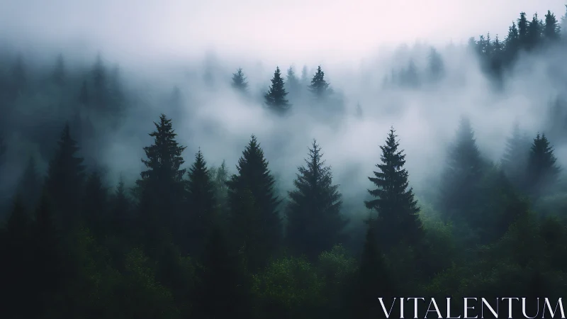 Dense Coniferous Forest Landscape with Atmospheric Mist Diffusion