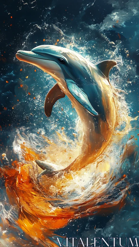 Dolphin emerging from turbulent water with contrasting colors.