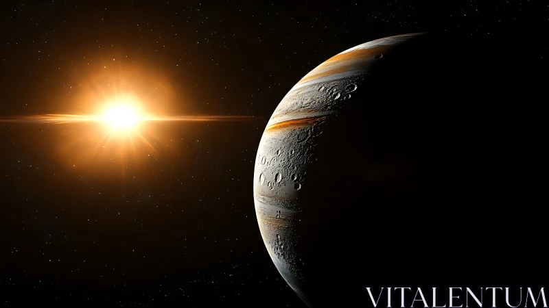 Alien gas giant drifts in shadow as distant sun flares.