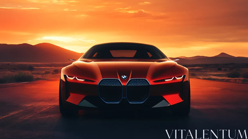 Sleek red sports car glows against a blazing desert sunset