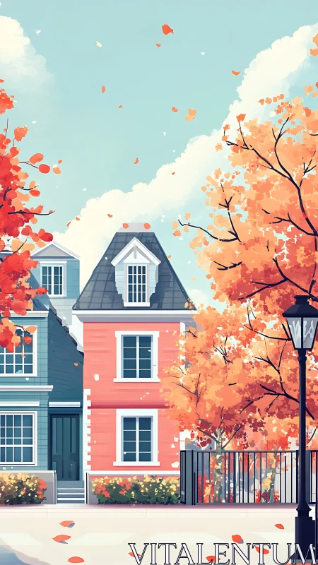 Autumn rowhouse daydream under a sky of drifting leaves.