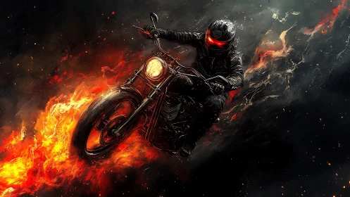 Flaming cyber rider hurtles through a storm of embers