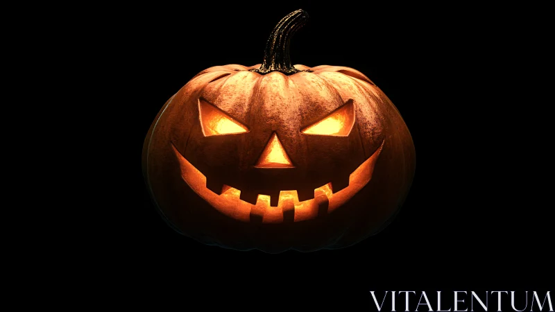 Grinning jack-o’-lantern gleams in moody Halloween darkness.