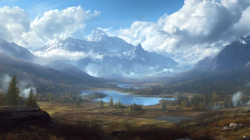 Digital painting panorama of alpine valley lake system landscape.