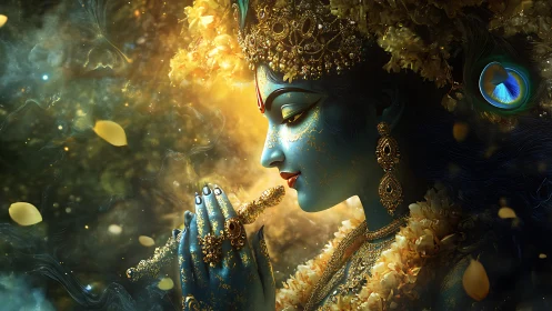 Divine blue deity portrait in luminous golden floral aura.