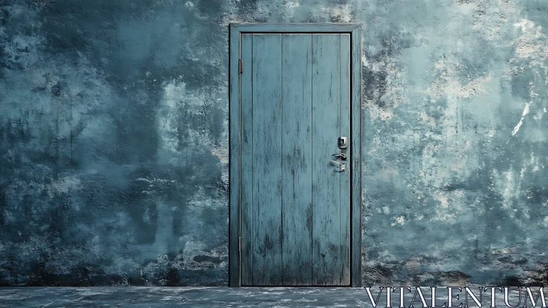 Weathered teal wooden door set in distressed concrete wall.