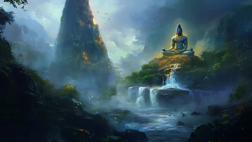 Serene blue deity above misty waterfalls in lush valley.