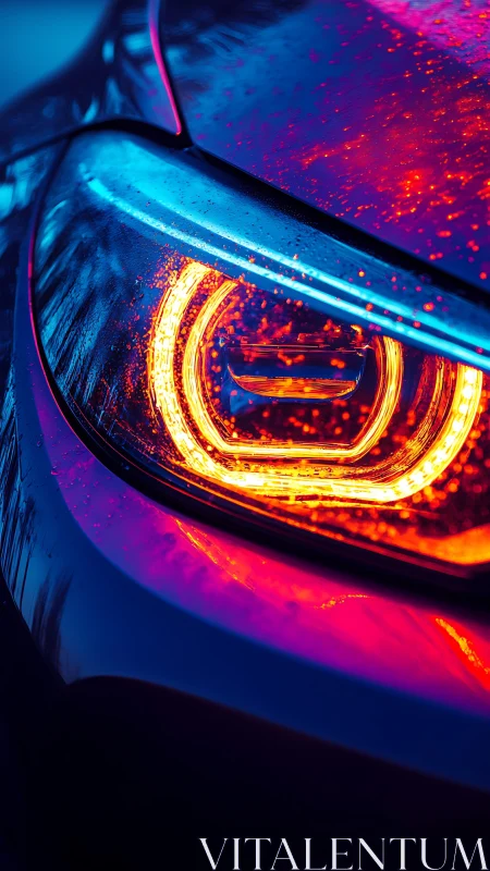 Neon raindrops glowing on a sleek car headlight at dusk.