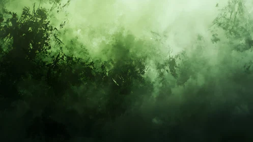 Diffuse green atmospheric mist envelops abstract forest silhouettes