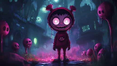 Glow-eyed mischief kid roaming neon haunted marshlands.